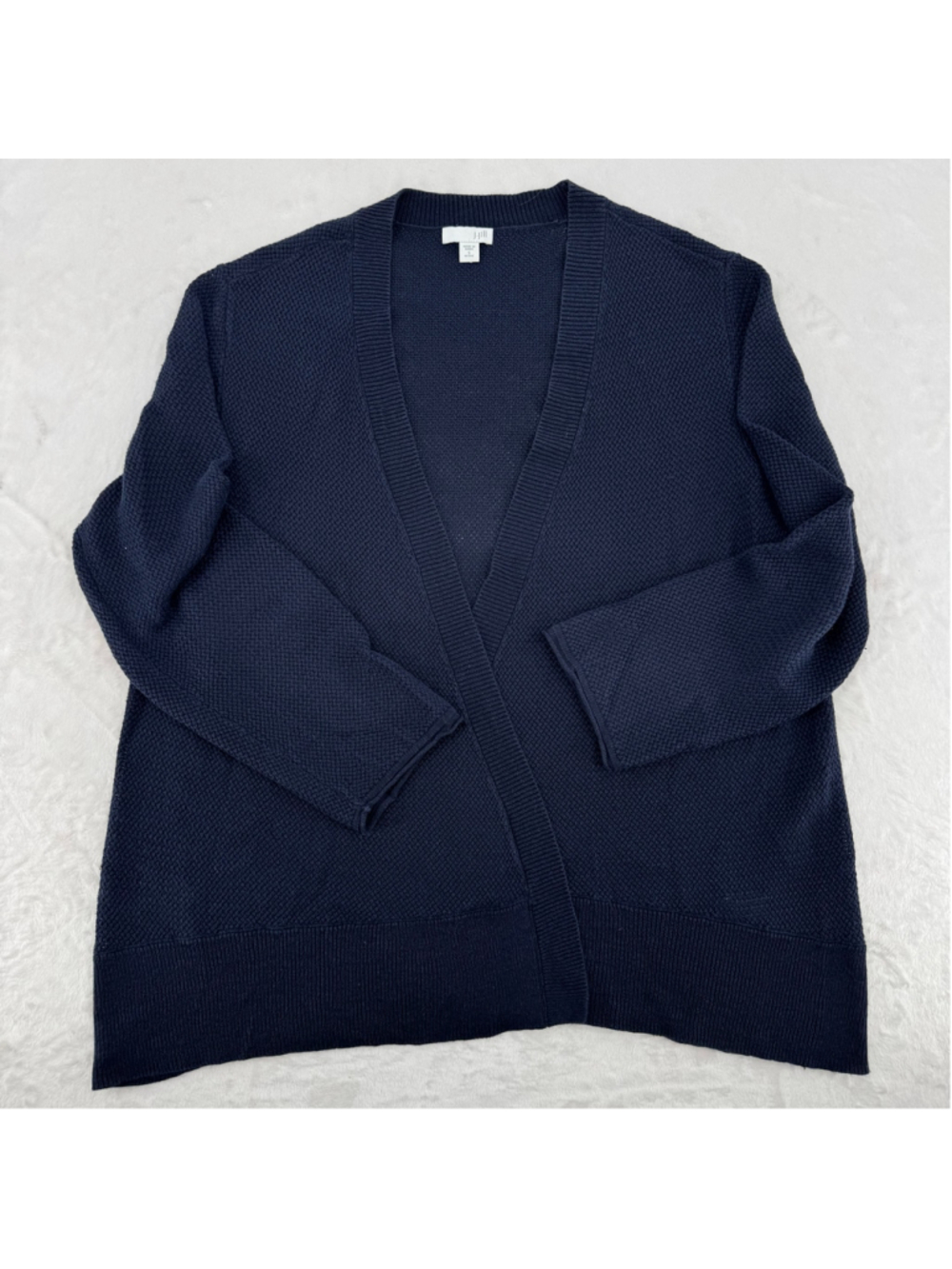 J Jill Navy Blue Loose Weave Cardigan Open Front Linen Cotton Blend Petite Small